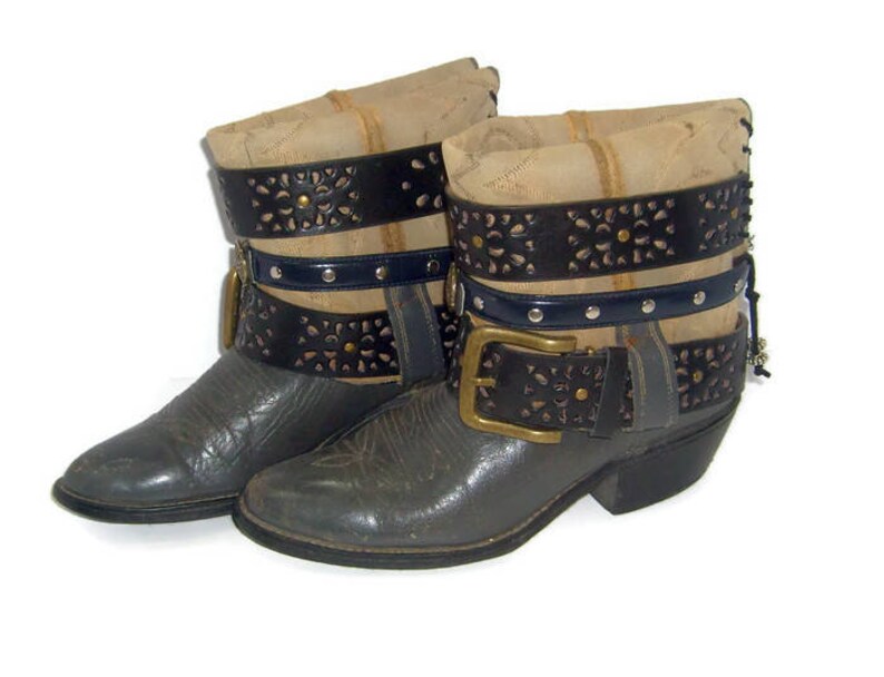 Size9.5 Upcrafted Steampunk boots Short Boots Ankle Boots Cowboy Boots UpCycled RT236 Festival wear Concert boots Leather Booties