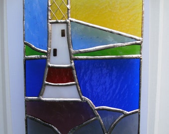 Stained Glass Lighthouse Suncatcher: Nautical Seaside Window Panel