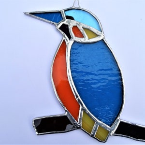 Stained glass suncatcher blue and orange kingfisher gift window hanging panel home decoration bird on branch nature