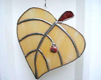 Stained glass suncatcher leaf with ladybird gift window hanging panel nature