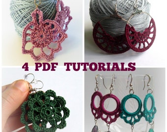 Bundle of 4 Crochet Earrings Patterns, DIY Jewelry Making Pattern, Photo Ebook Crochet Tutorial, Instant Download Crochet Jewelry PDF