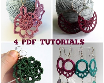 Bundle of 4 Crochet Earrings Patterns, DIY Jewelry Making Pattern, Photo Ebook Crochet Tutorial, Instant Download Crochet Jewelry PDF