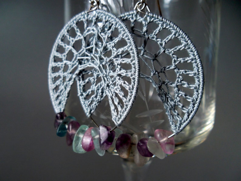 Cloudy Grey Spider  Crochet Earrings With Fluorite Crystals Etsy