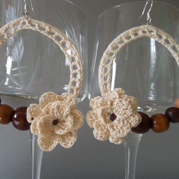 Big crochet hoop earrings, neutral beige and brown yarn earrings, flower knitted earrings, hippie earrings, boho earrings, thread earrings