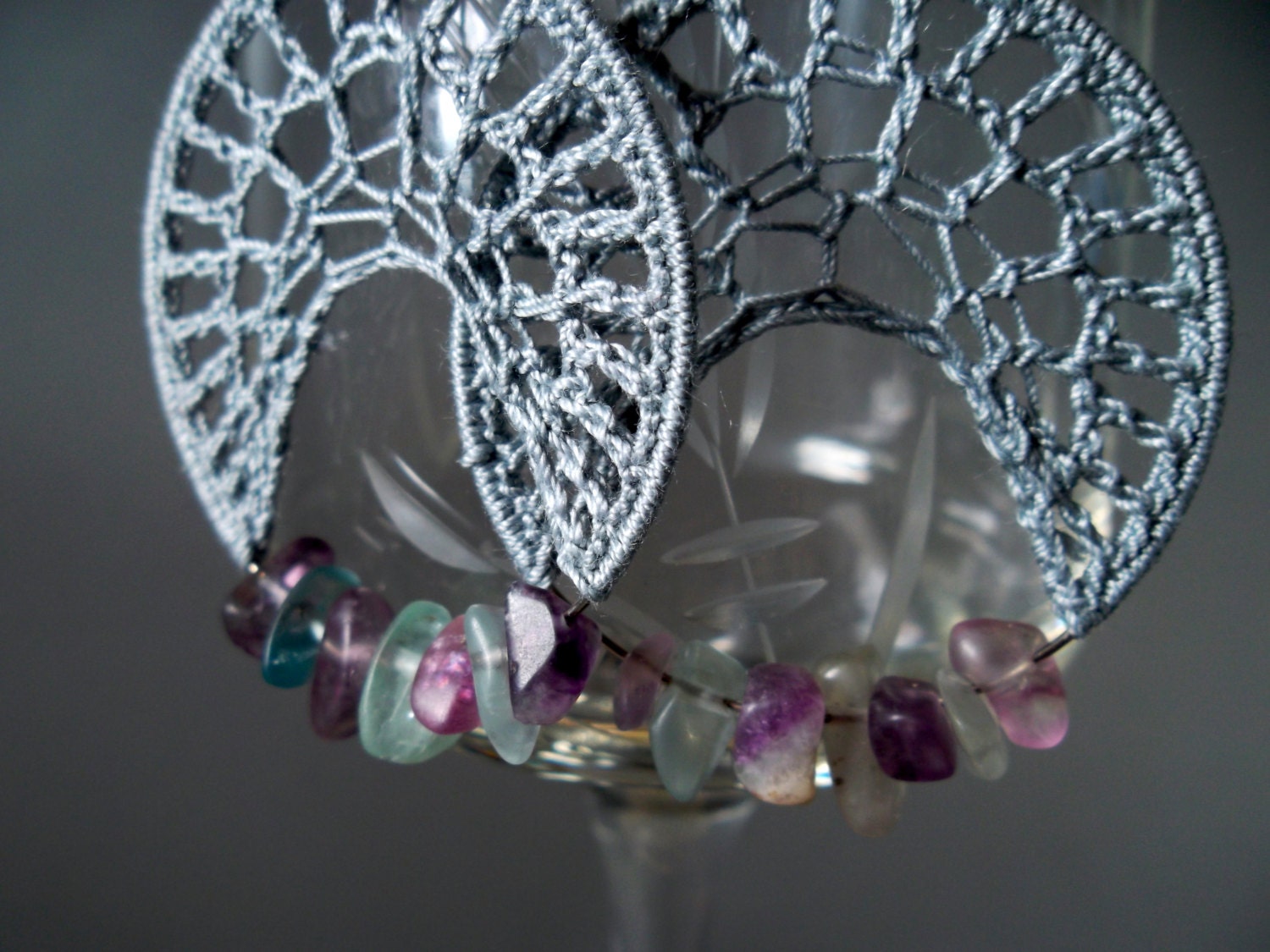 Cloudy Grey Spider  Crochet Earrings With Fluorite Crystals Etsy
