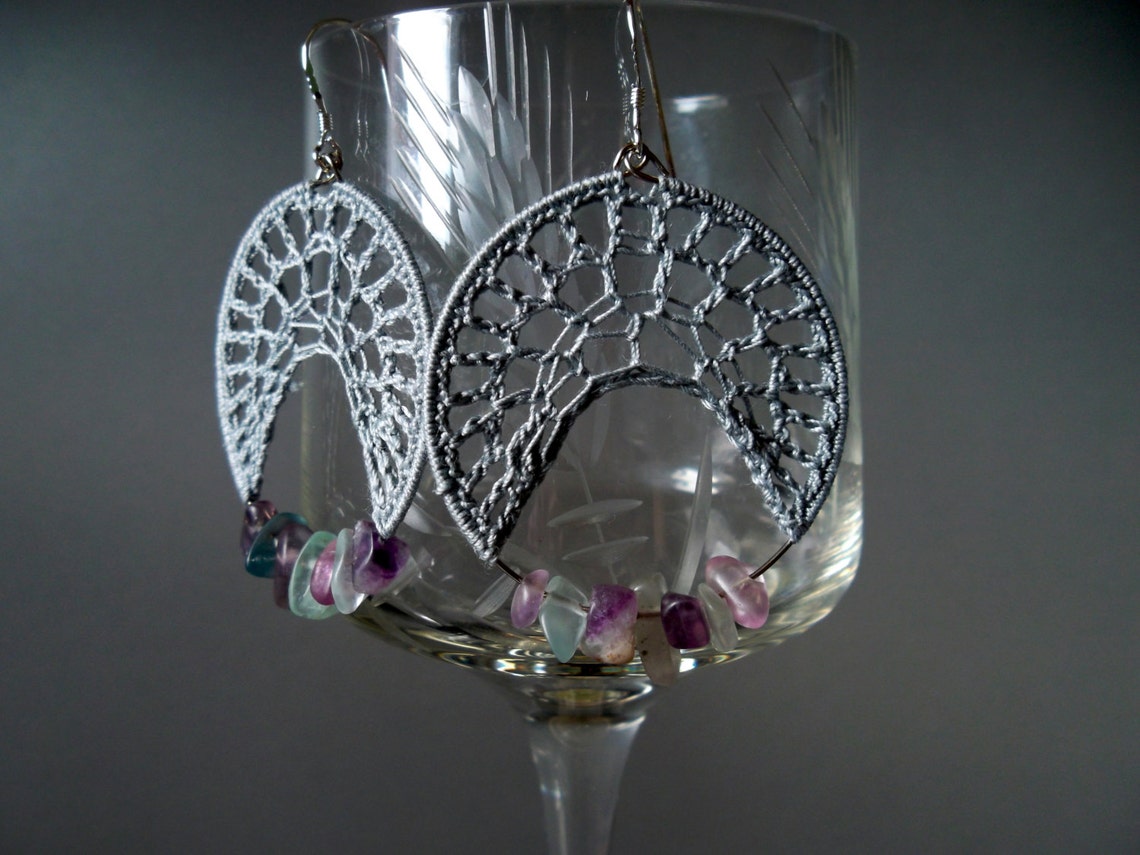 Cloudy Grey Spider  Crochet Earrings With Fluorite Crystals Etsy