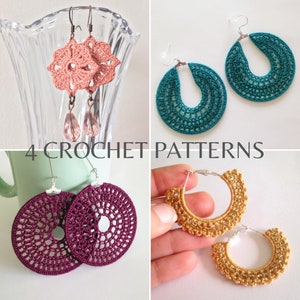 May include: Four crochet earring patterns. The first pair is pink and features a flower design. The second pair is teal and features a circle design. The third pair is burgundy and features a circle design. The fourth pair is gold and features a circle design.