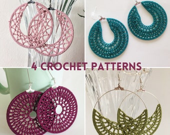 Bundle of 4 Crochet Hoop Earrings PDF Tutorials, Instant Download Crochet Pattern, Jewelry Making Photo Ebook, DIY Earrings Crochet Tutorial