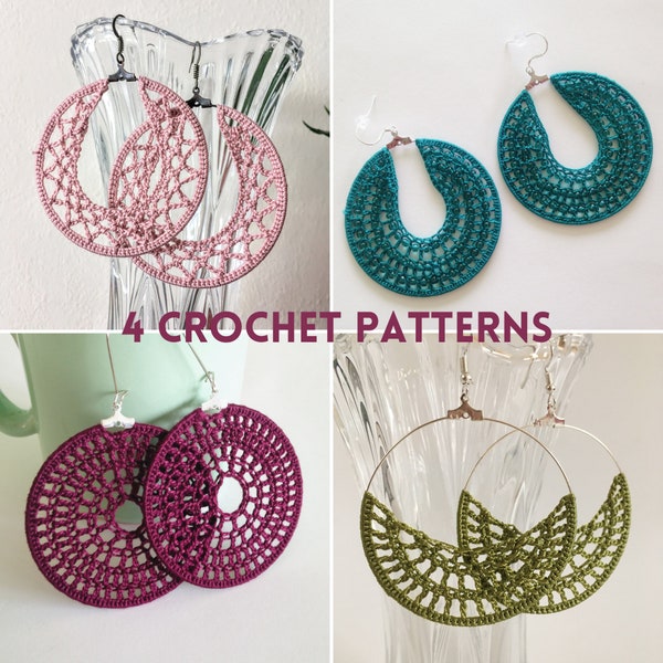 Bundle of 4 Crochet Hoop Earrings PDF Tutorials, Instant Download Crochet Pattern, Jewelry Making Photo Ebook, DIY Earrings Crochet Tutorial