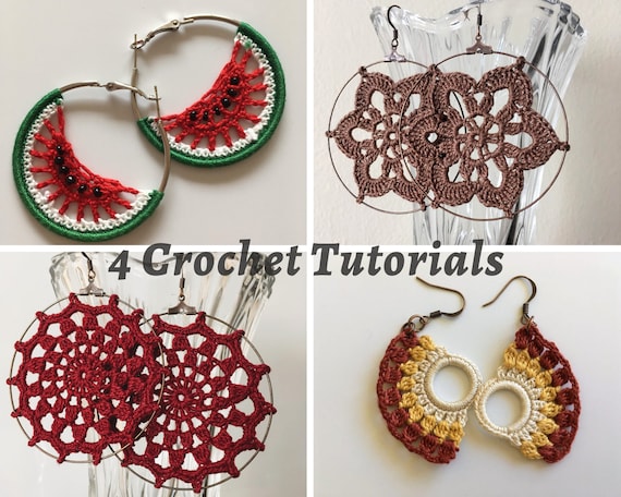 Handmade crochet earrings (circle motif, red, blue) | eBay