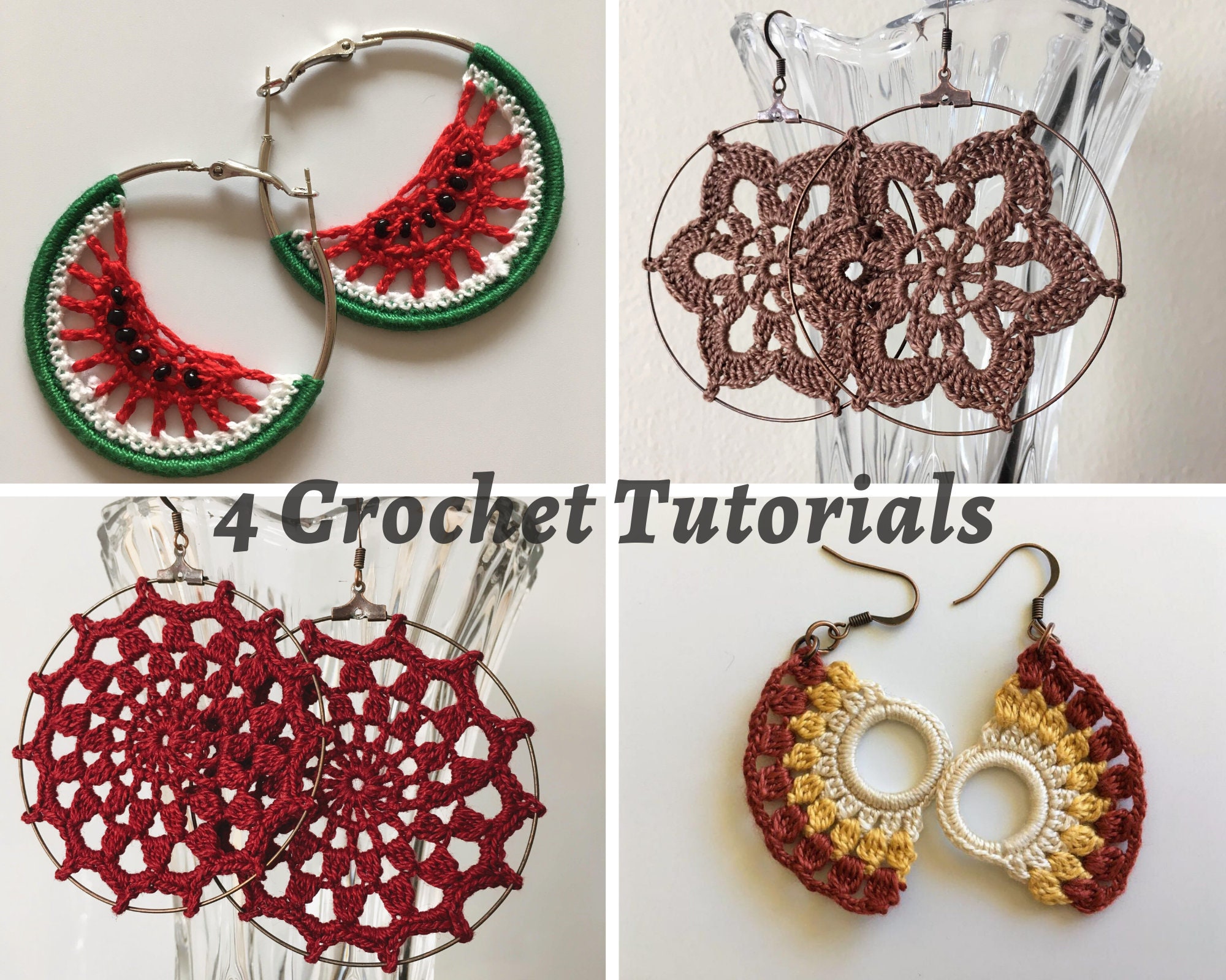 Bundle of 4 Crochet Earrings Tutorials, Jewelry Making Crochet PDF Pattern, DIY Crochet Jewelry Tutorial, Instant Download Crochet Ebook