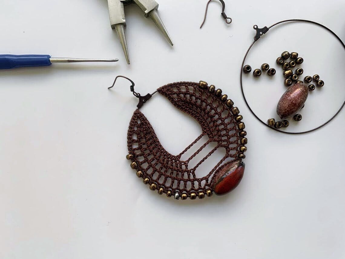 Crochet Beaded Earring Pattern, Crochet Jewelry Pattern, Crochet Hoop Earrings Pattern with Beads, PDF Crochet Pattern, Crochet Tutorial - Thumbnail 5
