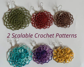 May include: Six pairs of handmade crochet earrings in various colors: green, red, brown, teal, purple, and yellow. Each earring features a circular design with a silver-colored hoop and hook. The text "2 Scalable Crochet Patterns" is visible.