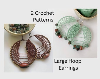 May include: Two pairs of large crochet hoop earrings. One pair is brown with brown beads and a red-brown stone. The other pair is green with green and red beads. The image text reads "2 Crochet Patterns Large Hoop Earrings".