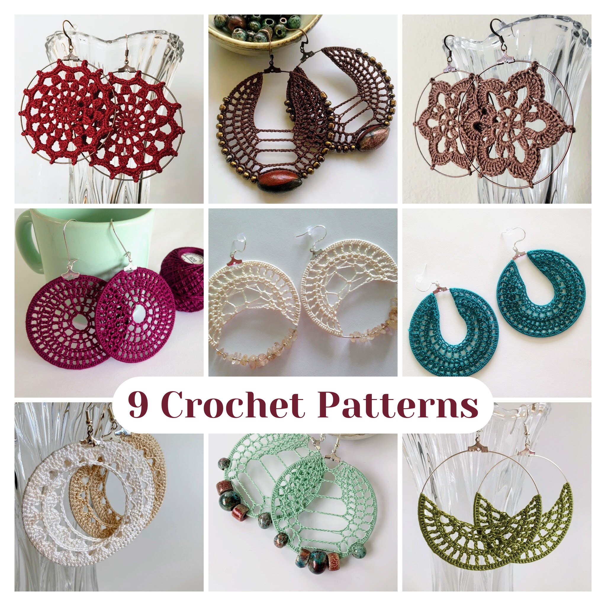 Bundle of 9 Crochet Hoop Earrings PDF Tutorials, Instant Download Crochet Pattern, Jewelry Making Photo Ebook, DIY Earrings Crochet Tutorial