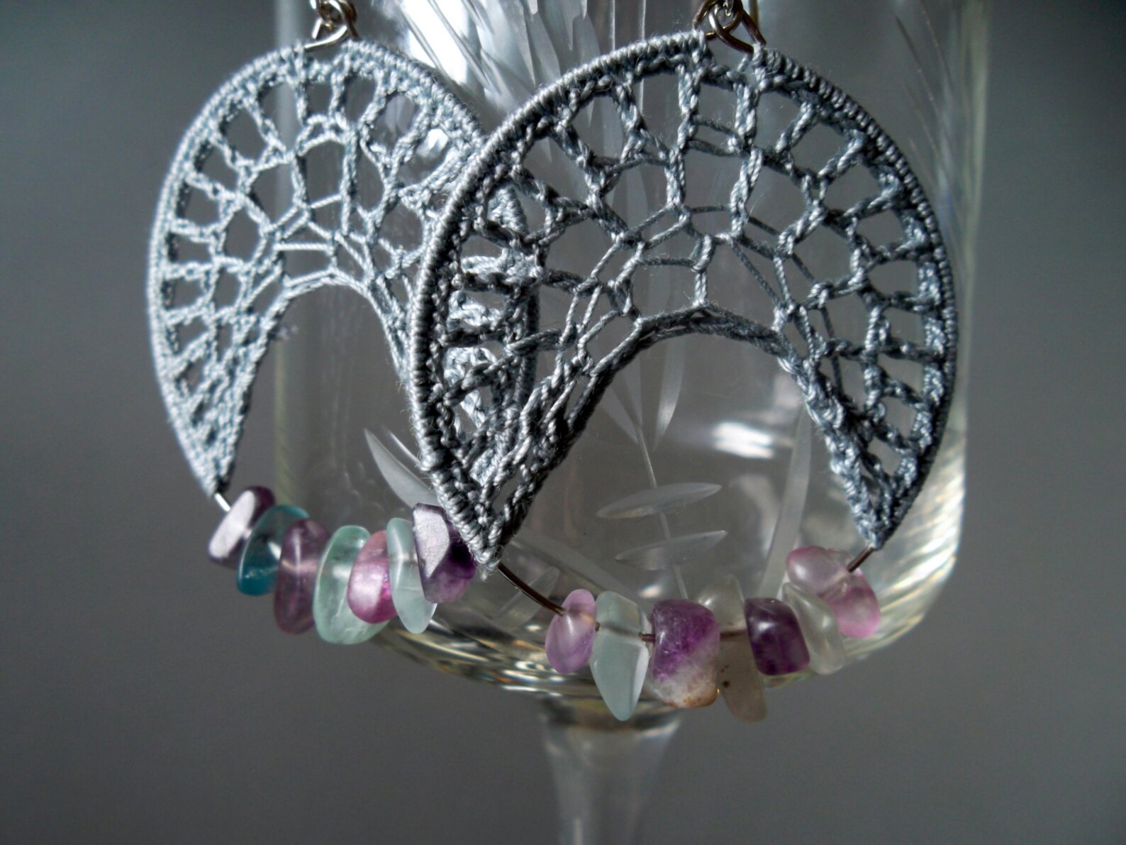 Cloudy Grey Spider  Crochet Earrings With Fluorite Crystals Etsy