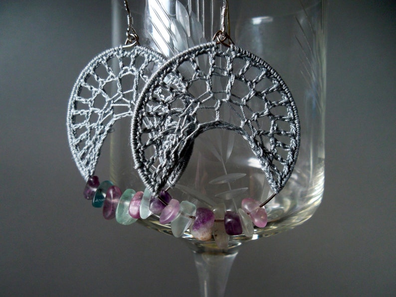 Cloudy Grey Spider  Crochet Earrings With Fluorite Crystals Etsy
