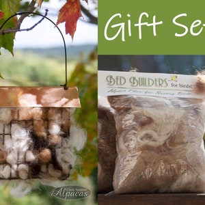 May include: A gift set for birds includes a copper bird feeder filled with alpaca fiber and a bag of alpaca fiber labeled "Bed Builders for birds! Alpaca Fiber for Nesting Birds."