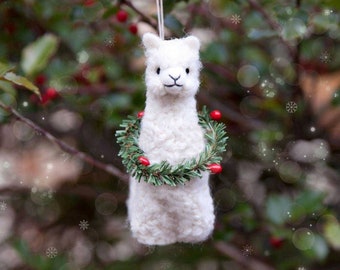 Alpaca Christmas Ornament - Unique Gift for Llama Lovers -  Boho Holiday + Farmhouse Tiered Tray Decor - Super Curly Alpaca Fiber