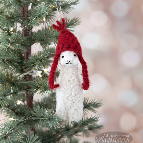 SALE - Alpaca Ornament with Chullo Hat , Miniature Needle Felted Decoration for Home + Office, Unique Llama Gift, Handmade w/Alpaca Wool