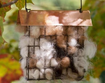 Unique Bird Lover Watcher Gift, Alpaca Wool Nesting Materials in Suet Cage Feeder, Grapevine Ball Alternative, Eco Friendly Garden Ornament