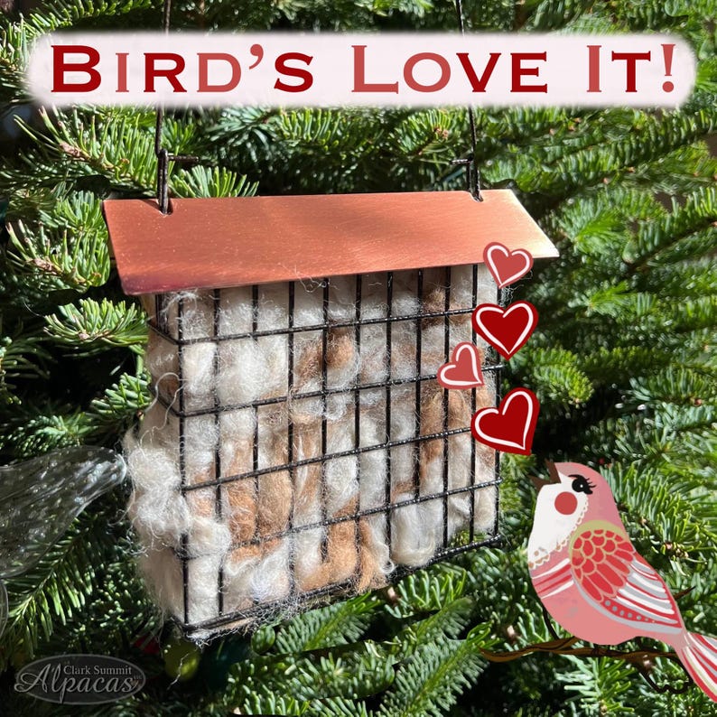 Unique Bird Lover Watcher Gift, Alpaca Wool Nesting Materials in Suet Cage Feeder, Grapevine Ball Alternative, Eco Friendly Garden Ornament image 2