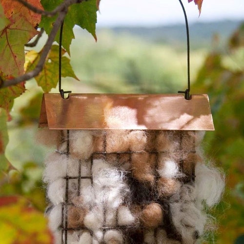 Unique Bird Lover Watcher Gift, Alpaca Wool Nesting Materials in Suet Cage Feeder, Grapevine Ball Alternative, Eco Friendly Garden Ornament