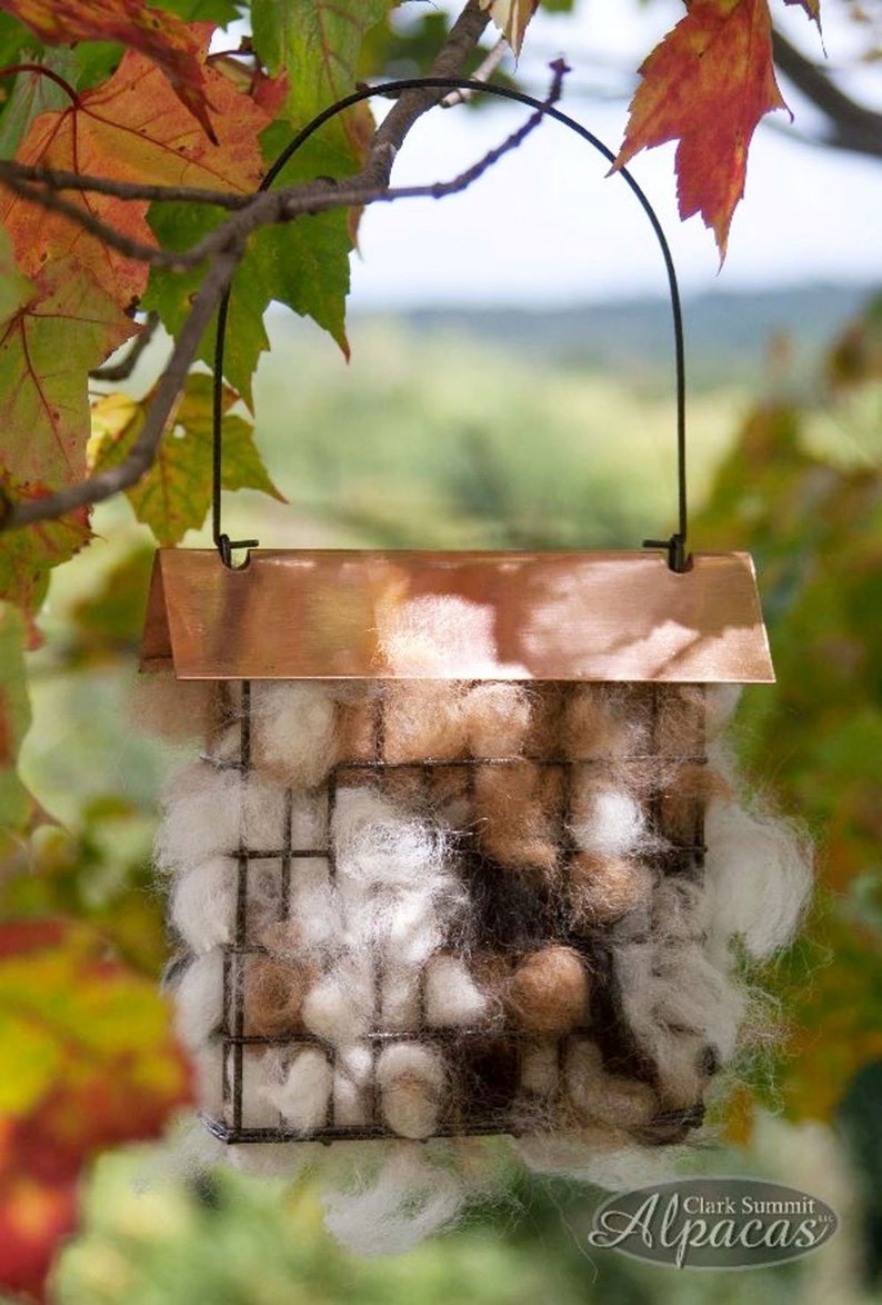 Unique Bird Lover Watcher Gift, Alpaca Wool Nesting Materials in Suet Cage Feeder, Grapevine Ball Alternative, Eco Friendly Garden Ornament image 1