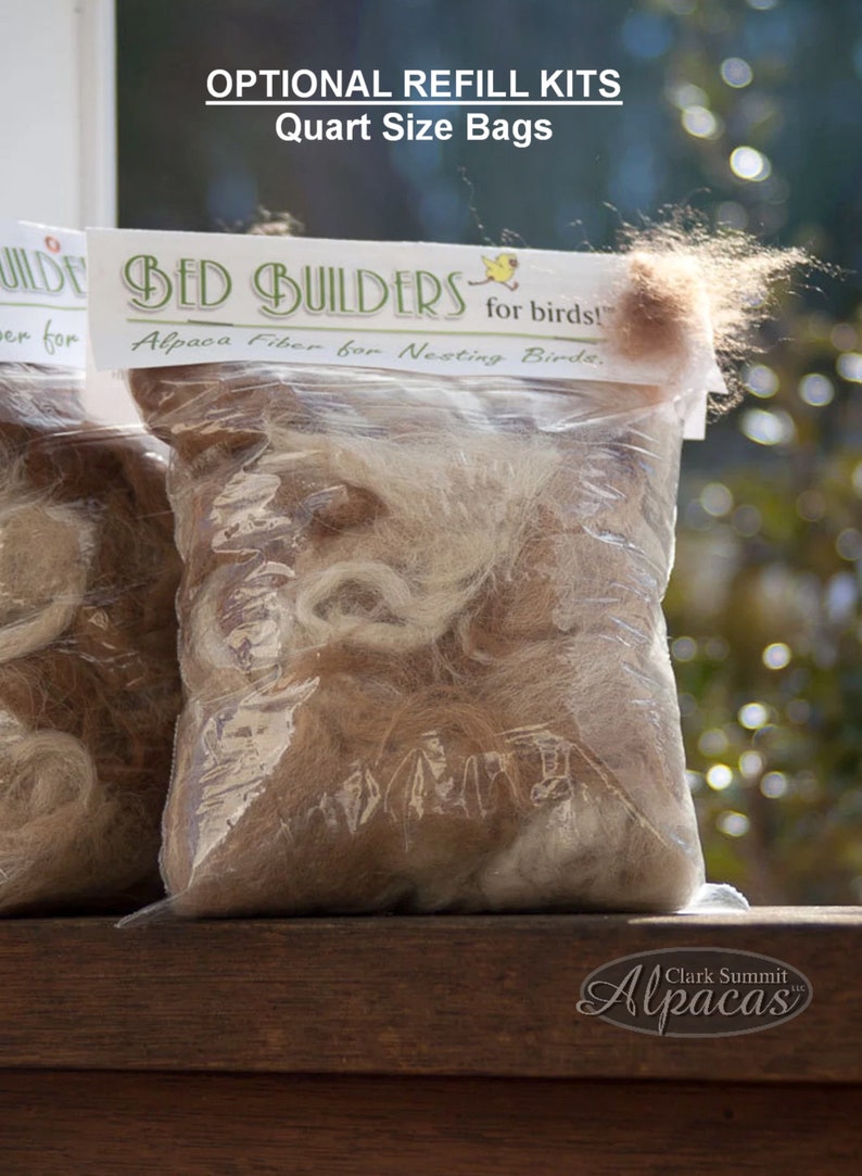 May include: Two clear plastic bags filled with brown alpaca fiber for bird nesting. The bags are labeled "Bed Builders for birds!" and "Alpaca Fiber for Nesting Birds".