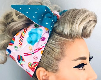Reversible Candyland PinUp Bandana- 1950s Inspired Bandana- Rockabilly