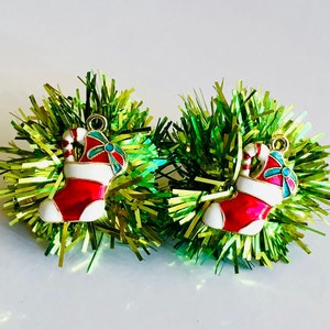 Christmas Stocking Tinsel Earrings- Green Christmas Earrings