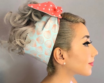 Seashell Reversible Bandana - Seashell/Coral and White Polka Dot bandana-1950s Inspired