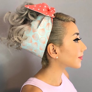 Seashell Reversible Bandana - Seashell/Coral and White Polka Dot bandana-1950s Inspired