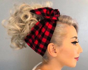 Reversible Fall Red Plaid Bandana /Headband - PinUp - Rockabilly- 1950s inspired-We Can Do It Rosie the Riveter