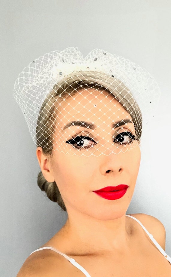 Rhinestone Off White Birdcage VeilBridal 1950s Bride Veil Etsy