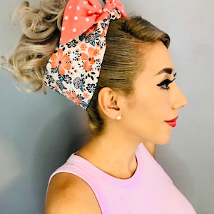 Tiki Flower Reversible Bandana- Tropical Flowers- Coral and White Polka Dot Bandana- 1950s Inspired