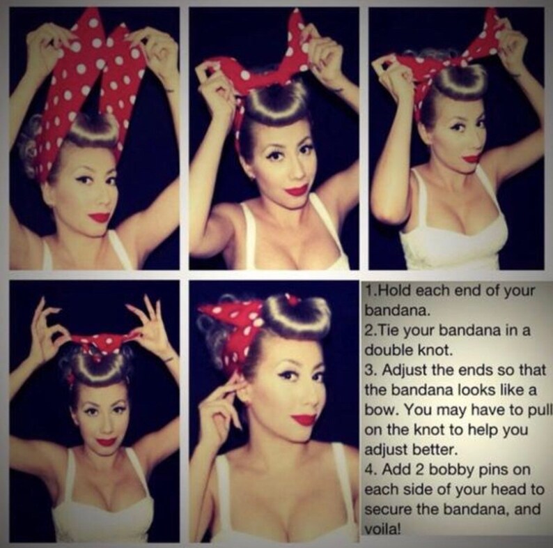 May include: A step-by-step guide on how to tie a red polka dot bandana. The instructions are displayed in a series of six images. The text in the image provides instructions on how to tie the bandana into a bow.