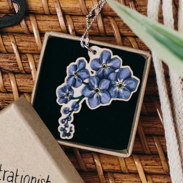 Eco sterling silver forget me not pendant | Illustrated jewelry floral | Wooden charms | Birthday gift for | Cold weather accessories