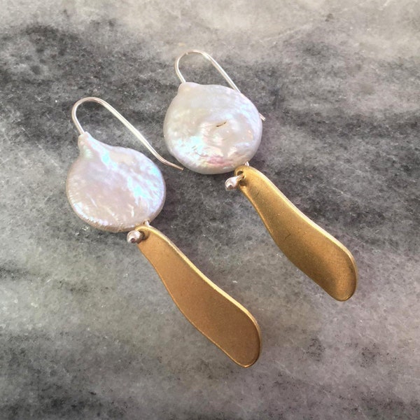Avah earrings | Brass and Eco sterling silver iridescent pearl earrings | Birthday gift for her | Cold weather accessories