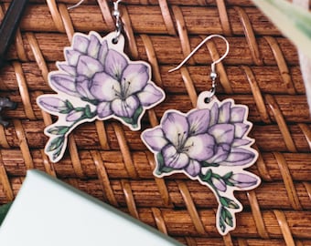 Sterling silver freesia earrings | Illustrated jewelry floral | Wooden charm | Birthday gift for her | Cold weather accessories