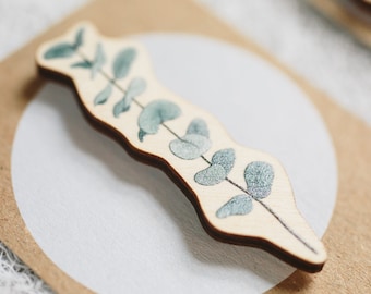 Eucalyptus pin botanische sieraden, houten reversspeld plantensieraden, best verkopende item handgemaakt, accessoires voor koud weer