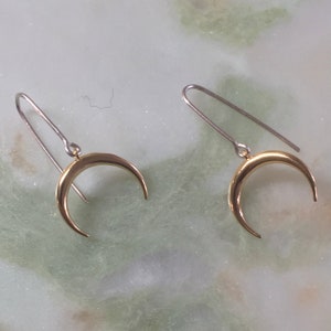 Moon earrings dangle, Eco sterling silver brass and gold filled earrings, moon sickle hook earrings, celestial jewelry | Winter jewelry