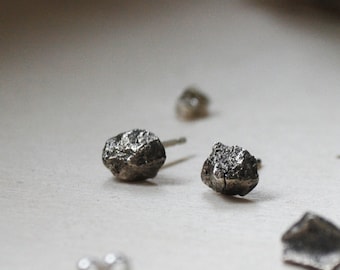 Eco sterling silver Pebble earrings, natural studs, mismatched pins, handmade Winter jewelry | Cold weather accessories