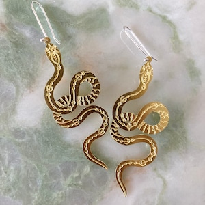 Vere earrings Eco sterling silver Snake earrings Brass earrings steel Birthday gift for her Cold weather accessories Brass pattern snake