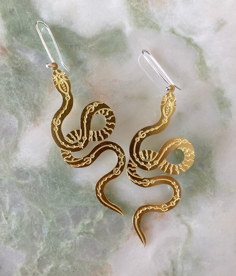 Vere earrings Eco sterling silver Snake earrings Brass earrings steel Birthday gift for her Cold weather accessories Brass pattern snake