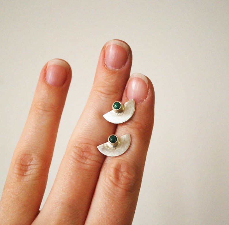 statement pins geometric jewelry Half moon earrings with malachite sterling silver handmade Birthday gifts for her