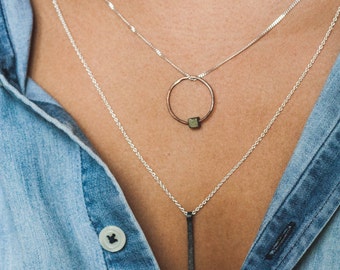 Kori necklace | Eco sterling silver and copper pendant necklace pyrite | circle or triangle | Raw stone | Cold weather accessories