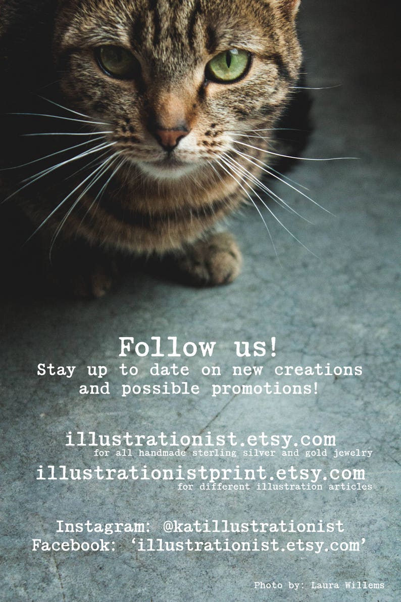 May include: A close-up of a tabby cat with green eyes looking directly at the camera. The cat is sitting on a textured surface. The text "Follow us! Stay up to date on new creations and possible promotions! illustrationist.etsy.com for all handmade sterling silver and gold jewelry illustrationistprint.etsy.com for different illustration articles Instagram: @katillustrationist Facebook: 'illustrationist.etsy.com' Photo by: Laura Willems" is printed below the cat.