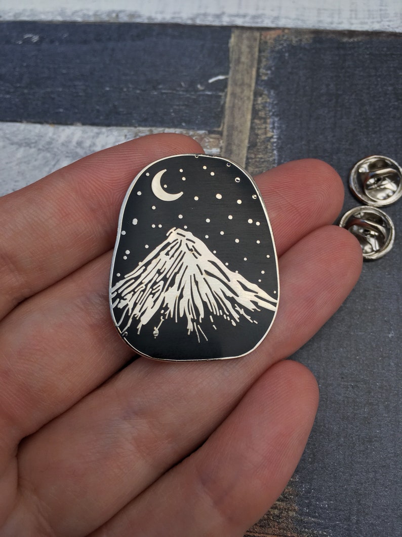Silver Mountain Pin celestial, galaxy pin wanderlust boyfriend gift, Cold weather accessories, Best selling item, hygge image 3