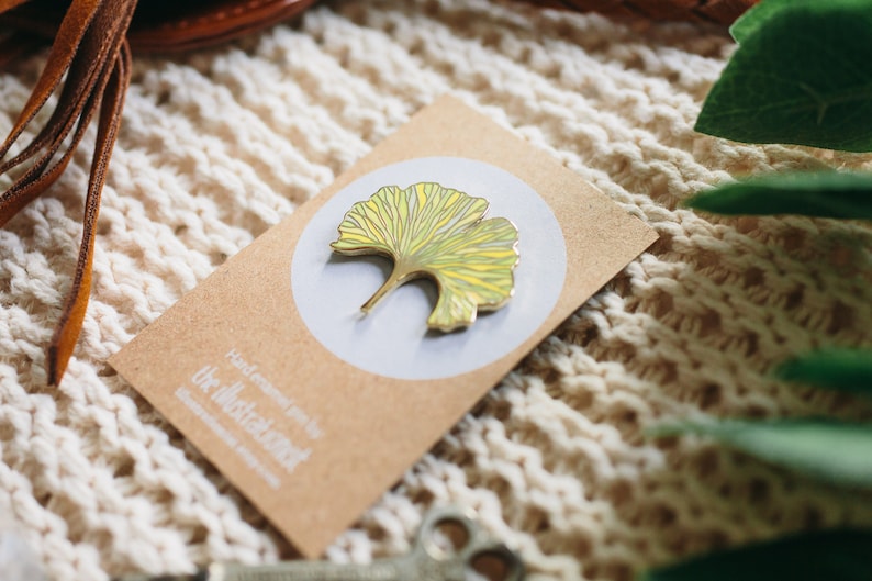 Ginkgo Biloba enamel pin leaf brooch, plant pin, Cold weather accessories, botanical jewelry, Best selling item handmade Yellow Ginkgo